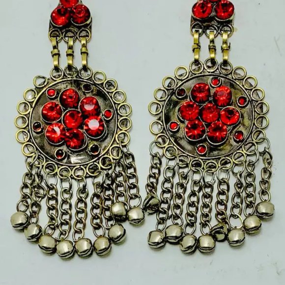 Kuchi Red Dangle Earrings, Massive Ethnic Afghan Earrings, Kuchi Tribal Jewelry - Picture 7 of 10